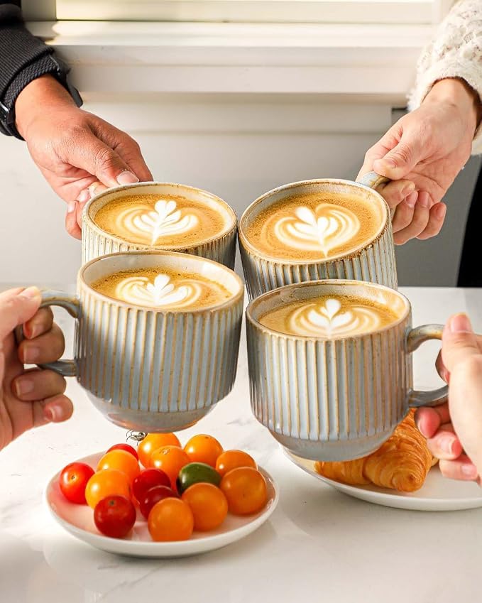 HASENSE Coffee Mug Ceramic Set of 4 with Stand - 15 oz Rustic Farmhouse Stackable Ribbed Latte Cup Set for Cappuccino, Tea, Hot Cocoa, Drinks - Dishwasher & Microwave Safe, Lavender Gray - Image 5