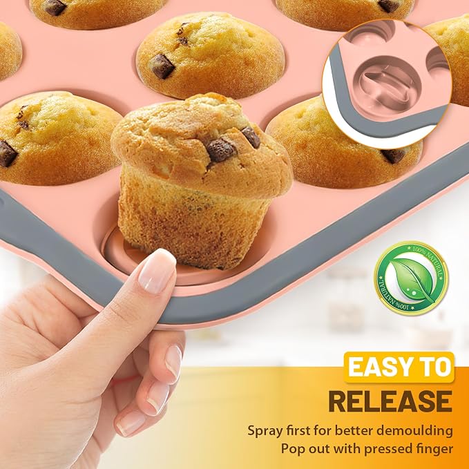 Silicone Muffin Pan, 12 Cups Non-Stick Cupcake Pan, Food-Grade BPA-Free Muffin Tin, Oven-Safe 450 °F, Reinforced Steel Frame, Easy-Grab Handles, Quick-Release 2.3" Baking Molds for Mini Treats - Image 4