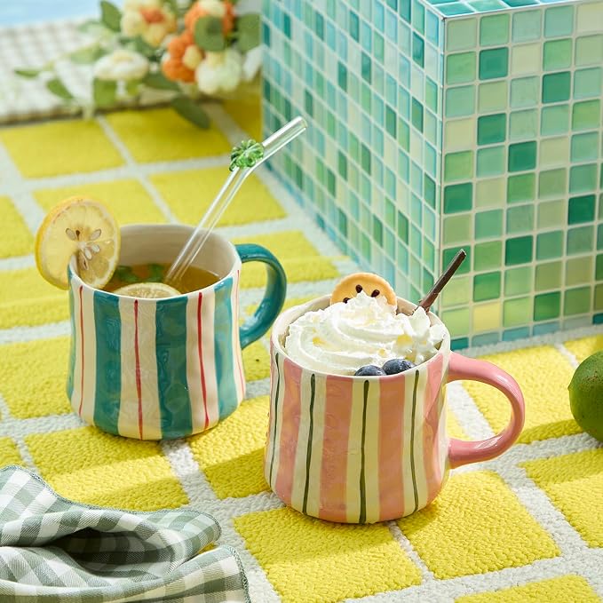 Striped Ceramic Coffee Mugs Set of 2, Pink and Green Stackable Stoneware Mugs for Morning Coffee, Tea & Cocoa, 12oz Dishwasher & Microwave Safe Mug Gift Set for Home & Office - Image 3