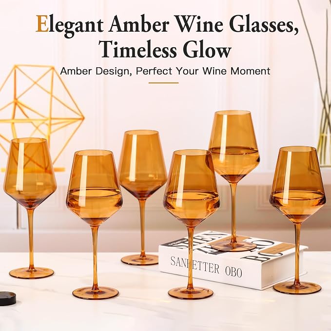 Amber Wine Glasses Set of 6, Handblown Colored Wine Glasse,Amber Coloful Glassware，17OZ for Red or White Wine - Image 2