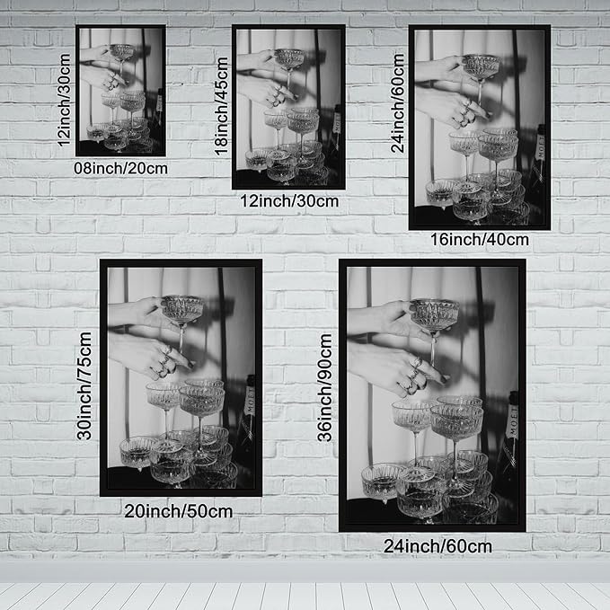 Champagne Glasses Wall , Black And White Art, Wine Glasses Poster, Bar Cart , Cocktail, Retro Photography, Bar Wall Decor Canvas Poster Wall Art Decor Print Picture Paintings for Living Room Bedroom D - Image 2