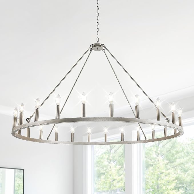 WJShome 24-Light Silver Wagon Wheel Chandelier Farmhouse, 54" Extra Large Chandeliers for High Ceilings, Rustic Round Chandeliers for Dinning Room, Kitchen Island, Entryway, Foyer, Living Room,Bedroom by SofaFurniture