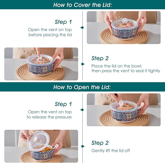 vancasso SIMI Serving Bowls with Lids, Ceramic Mixing Bowls Set of 4, Boho | Nesting Bowls for Food Storage, Prep, Stackable Bohemian Bowls, Dishwasher & Microwave Safe Gift Set, 60/36/20/10 OZ - Image 8