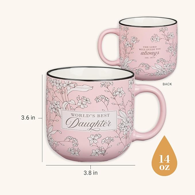 Christian Art Gifts Large Dishwasher/Microwave Safe Ceramic Coffee & Tea Mug for Daughters: World's Best Daughter Encouraging Bible Verse, Non-toxic Lead-Free Cup for Women, Pink/White Floral, 14 oz. - Image 2