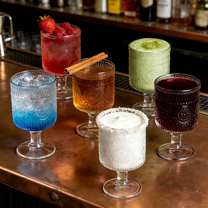 Pumtus 6 Pack Vintage Goblet Glasses, 7.6 OZ Embossed Floral Glass Cup, Clear Romantic Wine Glassware, Unique Pressed Pattern Stemware, Mixed Drink Glasses Set for Cocktail, Juice,Whiskey, Beer - Image 4