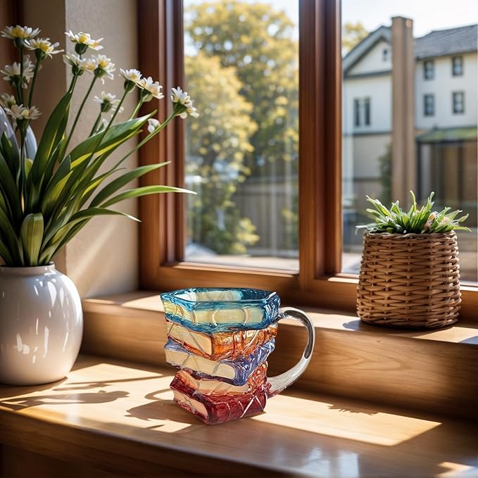 3D Painted Book Stack Glass Coffee Mug, 12.99 oz Colorful Heat-Resistant Cup, Christmas & Holiday Gifts for Books Lovers, Readers, Writers, Librarians, Book Club and Bookworm Fans
