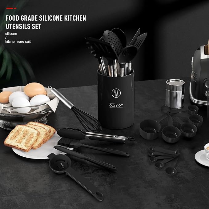 oannao Large Silicone Cooking Utensils Set - Heat Resistant Kitchen Utensils Sets,Spatula,Spoon,Turner Tongs,Whisk,Stainless Steel Cooking Utensil for Nonstick Cookware Dishwasher Safe (Black) - Image 3