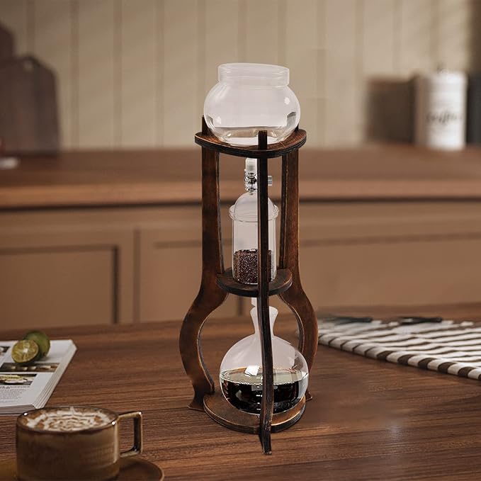 Cold Brew Coffee Maker & Iced Coffee Drip Tower, 600ml Wooden Slow Drip Coffee Maker for 6-8 Cups, Cold Brew Iced Tea Maker Machine for Home Office Use