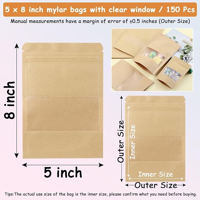 150 Kraft Mylar Bags for Food Storage 5X8 Mylar Bags with Window Candy Packaging Resealable Bags Reclosable Small Stand Up Pouches Edible Packaging, Kraft Paper Bags for Small Business - Image 5