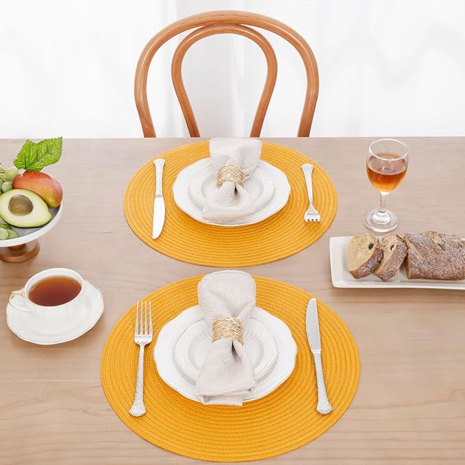 SHACOS 15 inch Round Braided Placemats Set of 6 Non Slip Washable Kitchen Table Place Mats Cotton Polyester Heat Resistant Table Mats for Home Wedding Dinner Party Table Decor, Mustard Yellow - Image 3