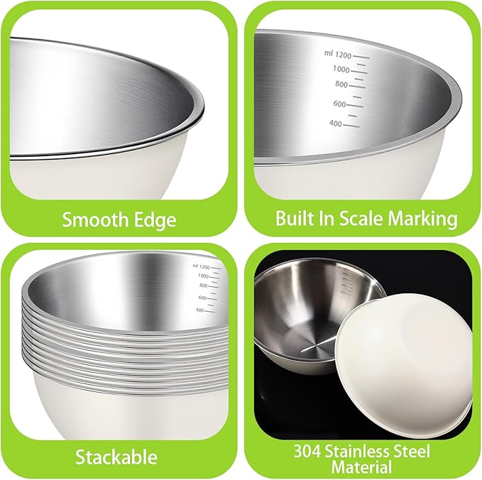 12 Pcs Stainless Steel Mixing Bowls Nesting Metal Prep Salad Bowls with Scale Reusable Baking Cooking Food Soup Storage Organizers for Kitchen Refrigerator(1.3QT)