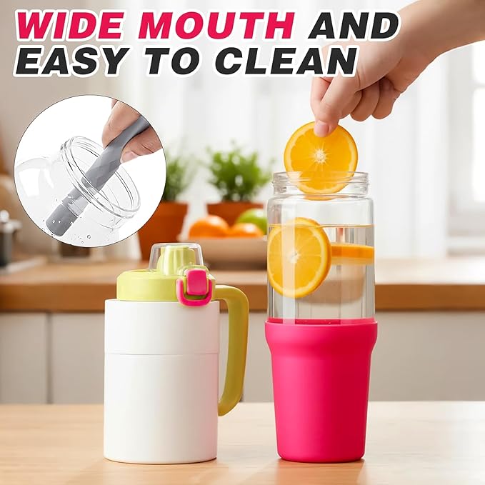 32 oz Glass Tumbler with Handle, 2-in-1 Straw and Sip Spout, Leakproof, BPA-Free Glass Water Bottle for Sports, Office, School, Bright Pink