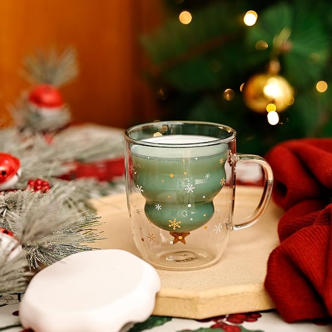 Christmas Tree Mugs with Lid - Double Wall Insulated Glasses - Espresso Cup & Cute Mugs for Women, Men & Kids