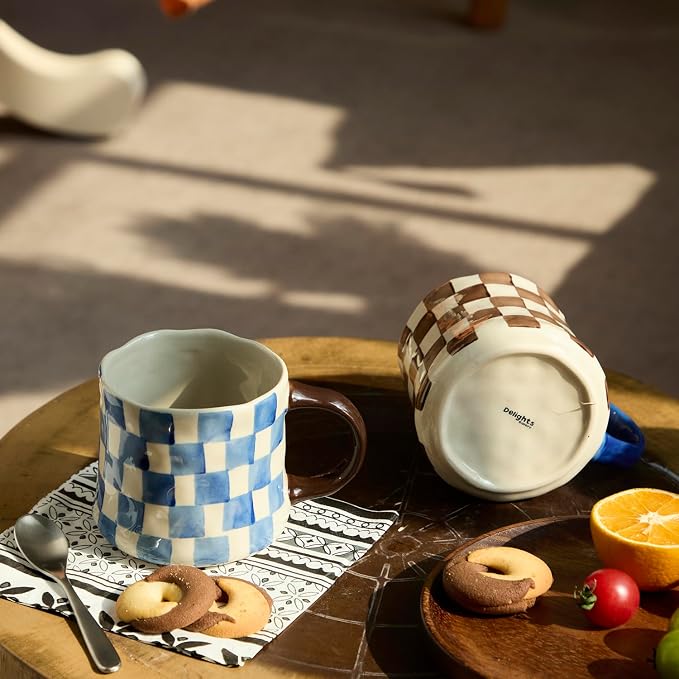 Retro Checkered Ceramic Coffee Mug 16Oz - Extra Large Handle, Microwave Safe Vintage Patterned Tea Cup for Home, Office Blue and White Checkered Pattern, Brown Handle - Image 7