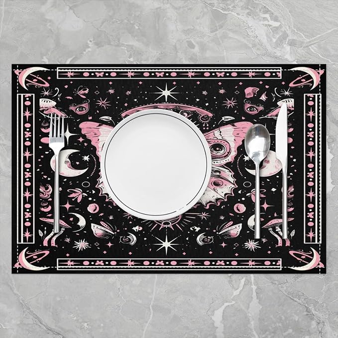 Feelyou Death Moth Placemats Set of 4 18"x12" Boho Exotic Moth Placemat for Kitchen Dining Table Decor Indoor Outdoor for Kids Teens Adults Bohemian Butterfly Table Place Mats, Sun Moon - Image 2