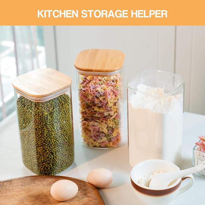 6-Pack Glass Food Storage Jars Set (3 Square + 3 Round), 37oz Airtight Clear Canisters with Bamboo Lids, Stackable Pantry Containers for Flour, Sugar, Rice, Pasta, Nuts, Candy & Spice Organization - Image 4