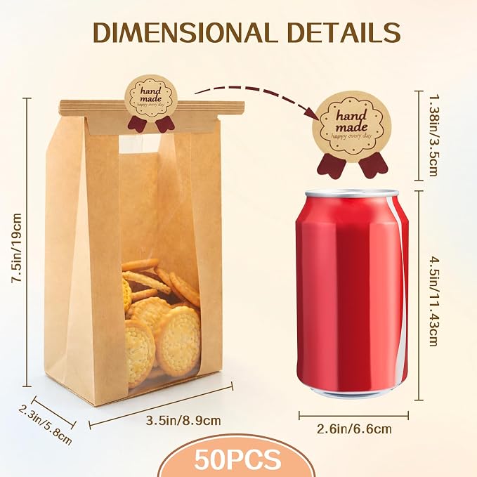 WIKDAY Paper Cookie Bags with Window 50PCS Small Treat Bread Bakery Bags | Tin Tie Tab Lock, with Thank You Seal Stickers, 3.5x2.3x7.5in, for Baked Food Packaging Storage Gift Giving Cottage Business - Image 2