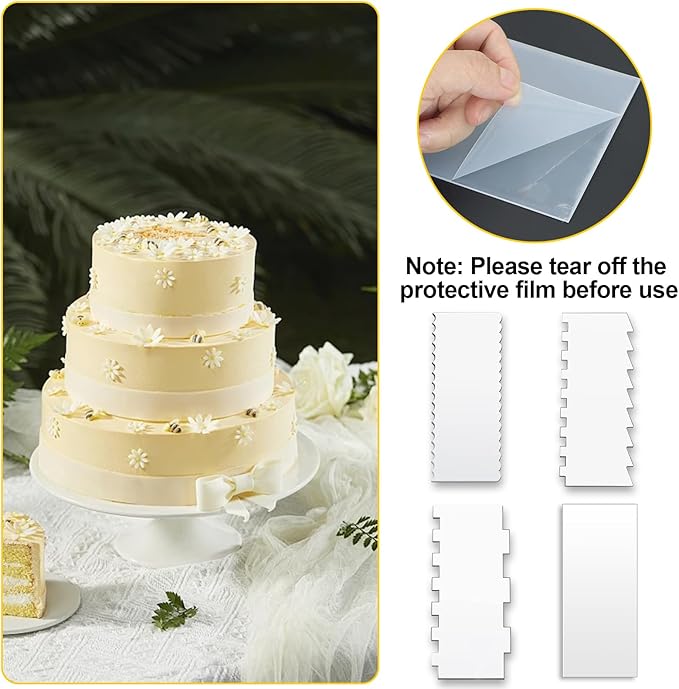 Cake Scraper, 4PCS Clear Acrylic Icing Smoother Stripes Cake Decorating Comb, Edge Smoother Tool for Mousse Butter Cream Decoration, DIY Kitchen Baking Tool