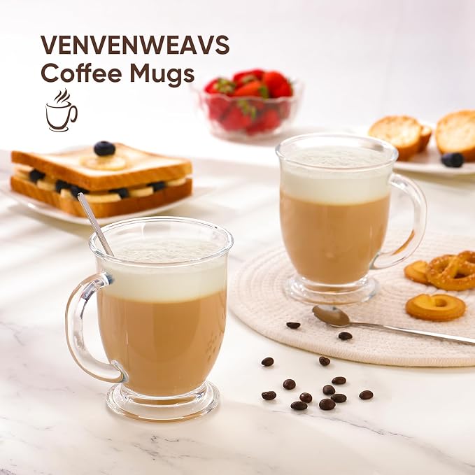 VENVENWEAVS Glass Coffee Mugs Set of 2,15 OZ Lead-free Clear Coffee Cups For Cappuccino,Latte,Tea,Glass Coffee Cups with handles - Image 2