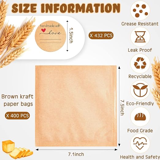 Outus 400 Pcs Cookie Packaging Bags with Seal, 7.1 x 7.5 Inch Bakery Pastry Bags with Window, Heat Sealable Grease Resistant Paper to Go Bake Sleeves for Gift Giving Donut Bread Sandwich (Brown) - Image 2
