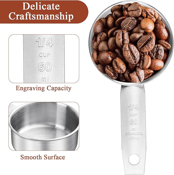 6 pcs 1/4 Measuring Cup, Stainless Steel Measuring Cups, Single Engraved Marking Measuring Scoop Cups, Metal Measuring Cup for Kitchen Baking & Cooking