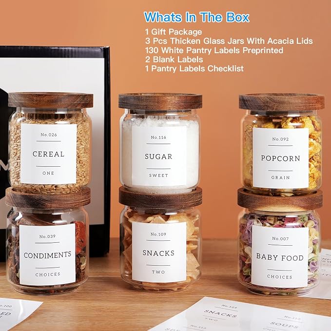 6 Set Glass Pantry Storage Jars with Acacia Airtight Lid - 15oz Thicken Glass Kitchen Canisters with 132 Pantry Labels - Clear Glass Food Storage Containers with Wood Lid for Tea,Sugar,Spice,herbs - Image 2