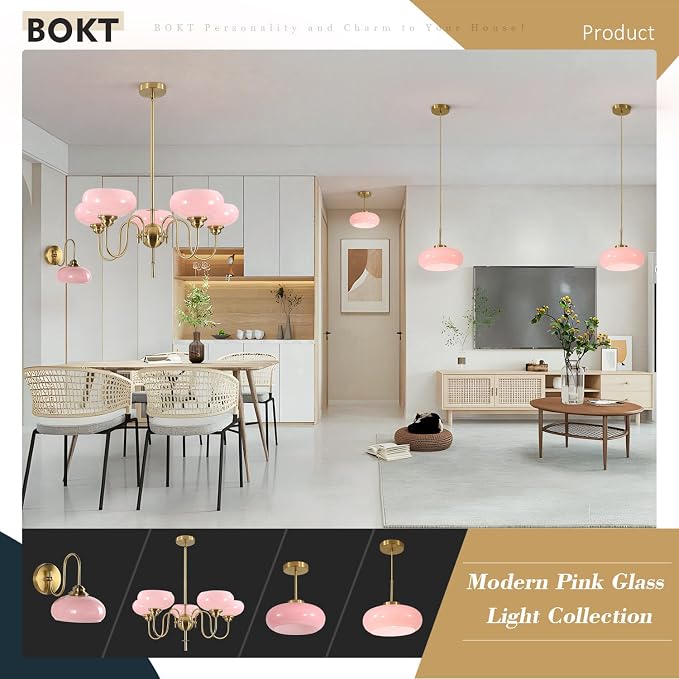 Modern Wall Light Elegant Pink Glass Wall Sconce for Bedroom Gold Semi-Flush Mount Wall Lamp Hardwired for Cafe, Dining Room, Hallway, Indoor Use - Image 8