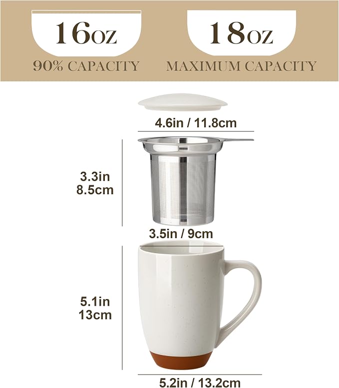 MALACASA Ceramic Tea Mug with Lid and Stainless Steel Infuser, 18 oz Large Tea Cup for Loose Leaf Tea, Heat-Resistant, Microwave & Dishwasher Safe, Speckled Glaze Coffee & Tea Brewer Mug, Khaki Gray - Image 2