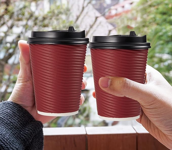 LITOPAK 80 Pack Insulated Ripple Wall 12 oz Disposable Paper Cups, Three Layer Insulated Hot Paper Coffee Cups with Lid and Straws for Parties, Picnics, and Travel