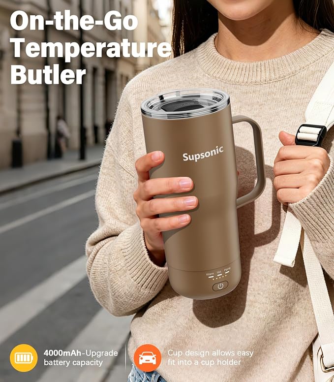 Supsonic Heated Coffee Mug Rechargeable, 20oz Long-Lasting Battery (S3) | Dry-burn protection, 2Hr auto-off, 3-Temp settings, Constant temperature, Inner stainless steel, Warm gift for men women - Image 4