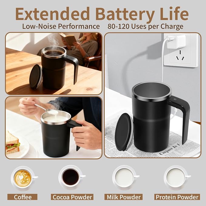 Self Stirring Coffee Mug 13 oz, Auto Mixing Cup with Lid and Touch Handle, Perfect Gifts For Man and Women, Valentine’s Day Gift for Her (black) - Image 5
