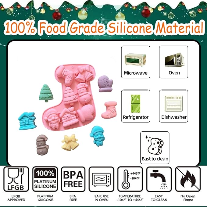 2 Pcs Christmas Silicone Molds for Chocolate,Cute Sock Shape 3D Chocolate Silicone Mold Gloves, Bells, Santa Claus Design 14-Cavities Candy Moulds for Christmas Winter Theme Candy Pudding Jelly Making