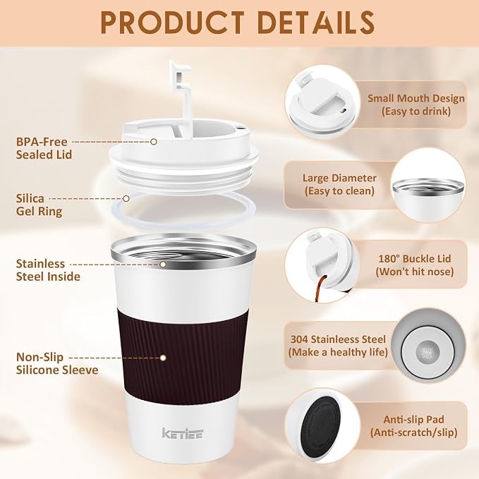KETIEE Travel Coffee Mug 12oz: Reusable Insulated Coffee Cup with Leakproof Lid, Travel Tumbler, Vacuum Stainless Steel Coffee Mug to Go for Hot/Iced Coffee Tea Water (White) - Image 4