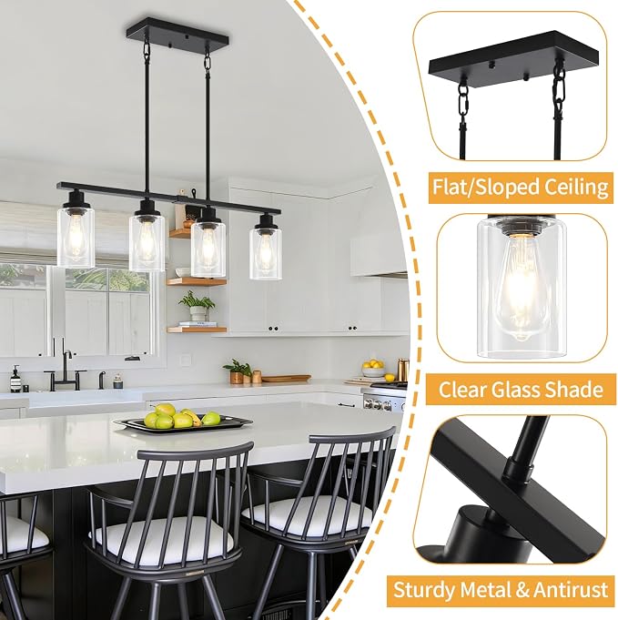 Modern Island Lights for Kitchen Black Dining Room Light Fixtures | 30'' Linear Chandelier Over Table, 4-Light Farmhouse Kitchen Island Lighting Clear Glass Shades, Adjustable Height - Image 4