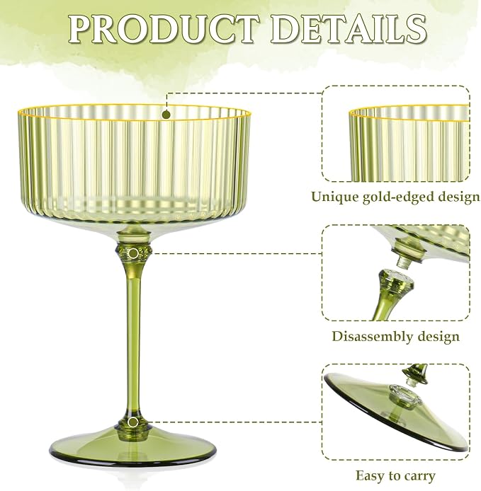 50 PCS Ribbed Martini Glasses Bulk 10oz Green Champagne Martini Glasses Plastic Gold Rim Espresso Martini Glass Vintage Coupe Glass Margarita Glasses Glassware Dessert Cup for Birthday Party Wedding - Image 3