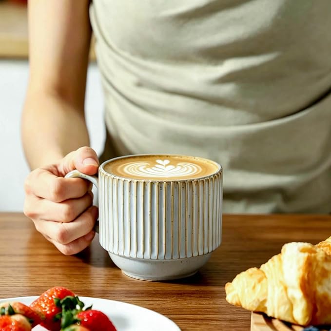 HASENSE Stackable Coffee Mugs, 15 Oz Ceramic Coffee Mugs with Stand, Vertical Striped Coffee Cups Set of 4 with Handle, Space-Saving Suitable for Kitchens and Coffee Nook, Blue-Gray - Image 7