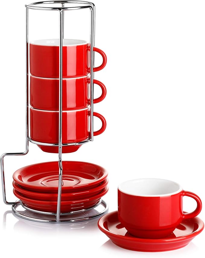 Sweese 4 Ounce Porcelain Stackable Espresso Cups with Saucers and Metal Stand Set of 4, Red by Sweese