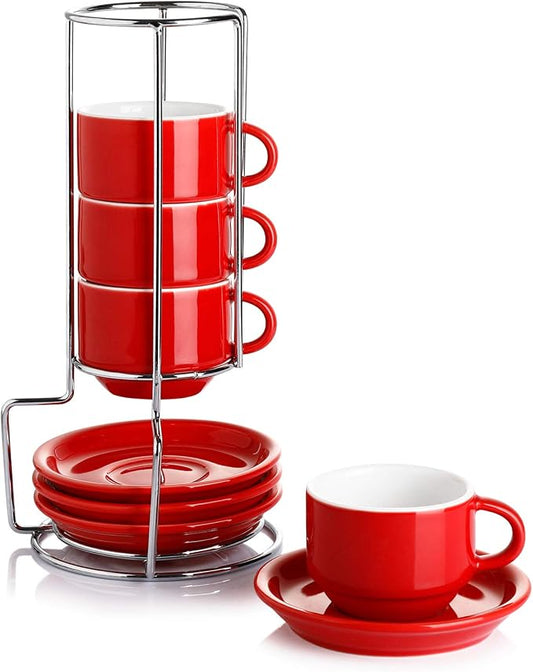 Sweese 4 Ounce Porcelain Stackable Espresso Cups with Saucers and Metal Stand Set of 4, Red by Sweese
