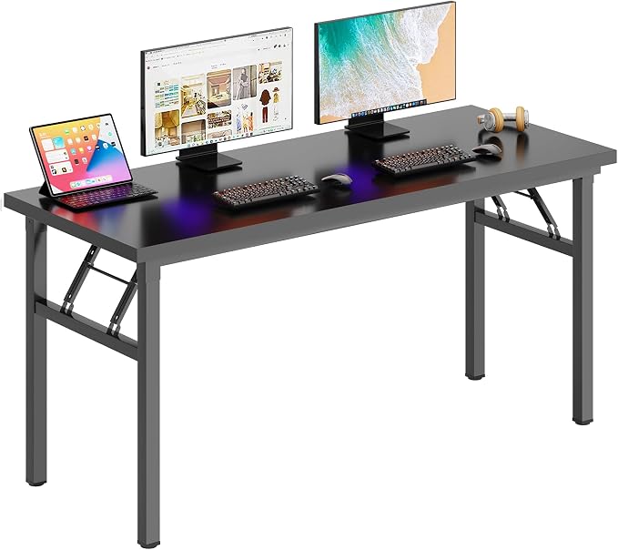 DlandHome 62 Inch Large Folding Computer Desk, Fully Assembled, Black | Foldable Writing Table for Bedroom Dorm, Conference Table for Home Office, Wood Top Metal Frame, Collapsible Easy Storage by DlandHome
