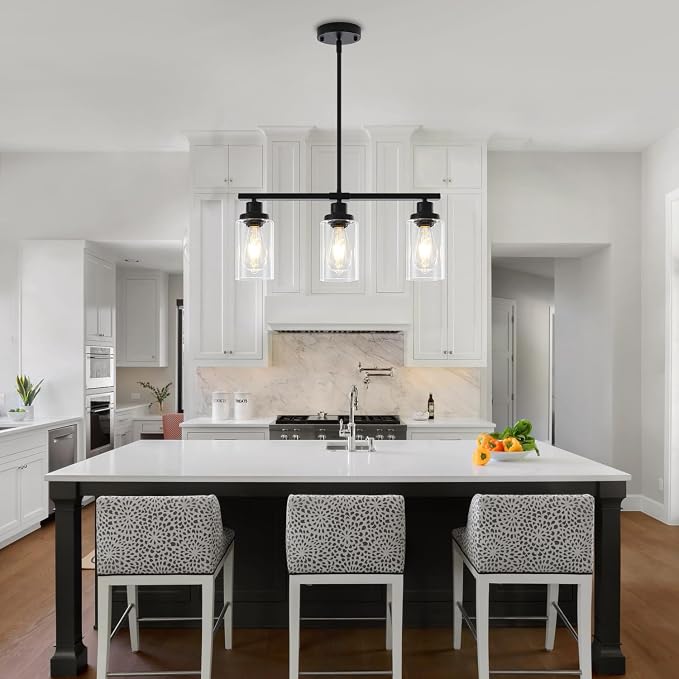 Modern Island Lights for Kitchen Black Dining Room Light Fixtures | 3-Light Linear Chandelier Over Table, 21.25'' Farmhouse Kitchen Island Lighting Clear Glass Shades, Adjustable Height - Image 7