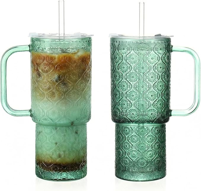 20 oz Green Glass Tumbler with Lid and Straw, Glass Iced Coffee Cups, Spill-proof Glasses Tumbler with Handle, Hobnail Glasses Drinking Set of 2, Vintage Glassware for Cocktail, Smoothies by Unknown