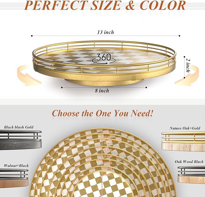 AMH 13-Inch Gold and White Checkerboard Lazy Susan with Rubberwood Base | Smooth rotating oak tray with walnut finish for dining tables, kitchen counters, pantries and cabinet storage. - Image 6