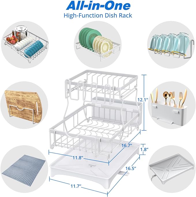 Godboat 2-Tier Dish Drying Rack - Dish Rack with Auto Drain-to-Sink & Mat | Dish Racks for Kitchen Counter, Dish Drainer with Knife Fork & Cup Rack, Gifts for Women, Mothers Day, Kitchen Gadgets, White - Image 8