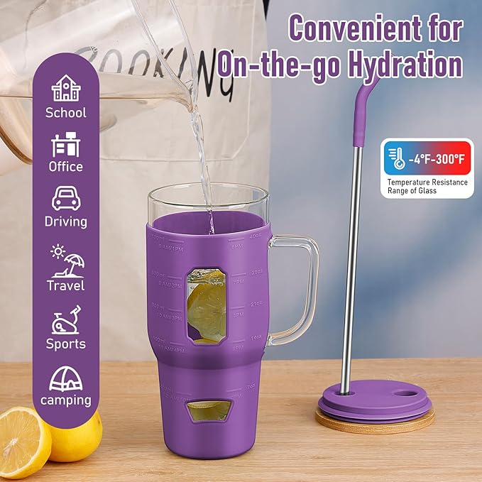 Glass Cups with Handle and Bamboo Lids - 40 oz Tumbler with Stainless Steel Straw | Glass Water Bottle with Silicone Sleeve for Coffee, Smoothi, Hot, Cold Drinks for Travel, Office, Home (Purple)
