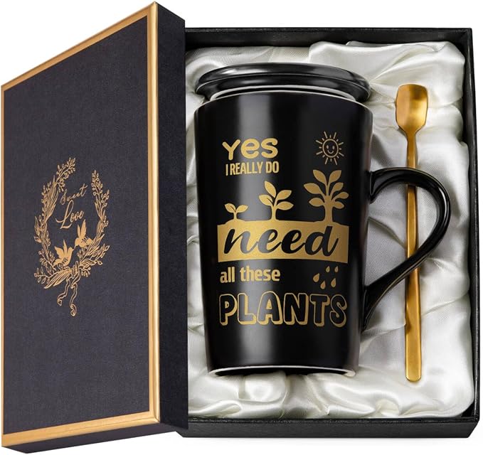 Biching Gardening Gifts for Women Men - Cool Plant Lover Gifts Coffee Mug | Garden Gifts for Gardeners, Plant Lady, Mom, Dad, Son - 14oz Black Ceramic Mug with Gold Print Lid Spoon Card Luxury Gift Box by Biching