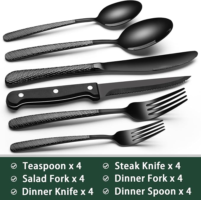 EWFEN 24-Piece Black Silverware Set with Steak Knives, Black Flatware Set for 4, Food-Grade Stainless Steel Tableware Cutlery Set, Mirror Finished Utensil Sets for Home Restaurant, Round Hammered - Image 2