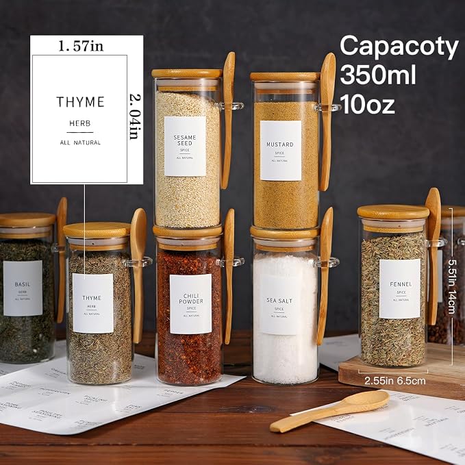 8 Pcs Glass Containers with Bamboo Lids and Spoons - 10 oz Sugar Container with 148 Kitchen Pantry Spice Jar Labels Preprinted - Glass Spice Jars with Wooden Lids Hold Coffee, Tea, Candy, Herbs - Image 5