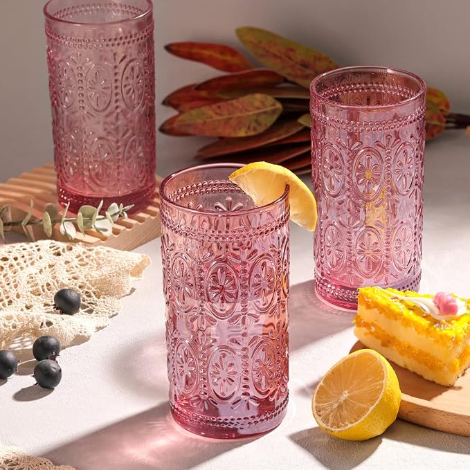 Darlion Vintage Glassware, Pink Glasses Drinking, 12oz Highball Glasses | Lead-Free Glass, Food Grade Glass, Durable&Sturdy, Vintage Decoration - Image 5