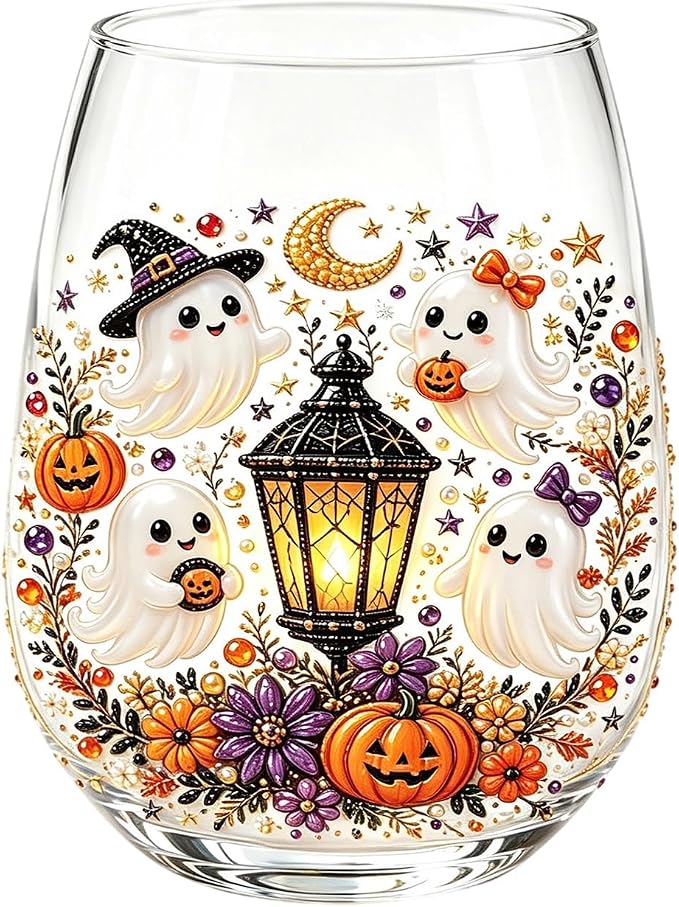 3D Halloween Autumn Glass Art Cup,Stemless Holiday Glassware Collection | Fantasy Fall Witch Wine Glasses,Holiday Printed Table Ornaments,Magical Halloween Home Decor Gifts for Various Beverages by Unknown