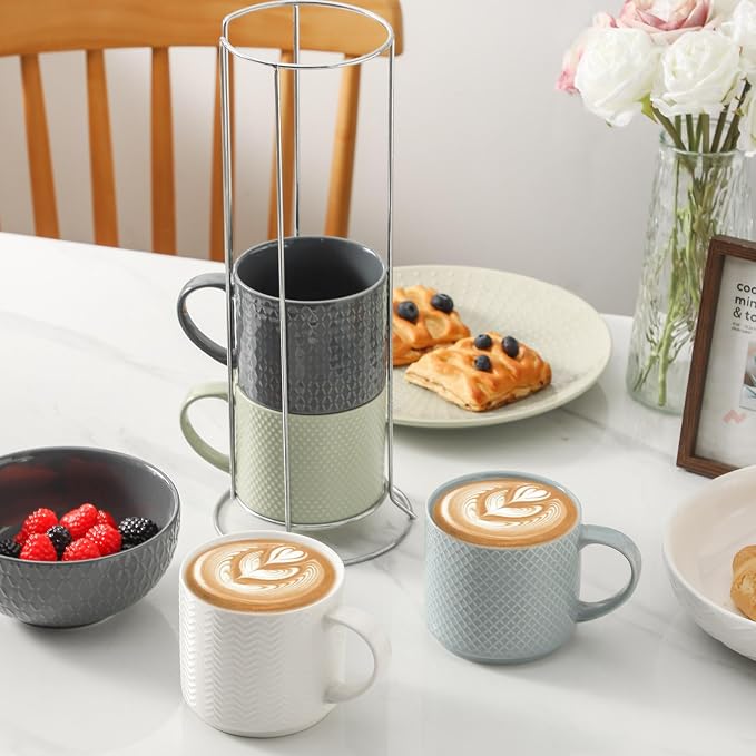 HASENSE Coffee Mugs with Metal Stand,15 oz Ceramic Stackable Mug Set Embossed Latte Cup, Ceramic Coffee Cups with Handle for Cappuccino and Tea, Multi Color - Image 5